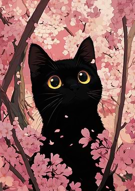 Black Cat Among Cherry Blossoms