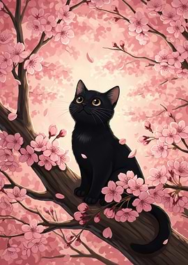 Black Cat Among Cherry Blossoms