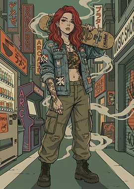 Anime Skater Girl in Japanese Street