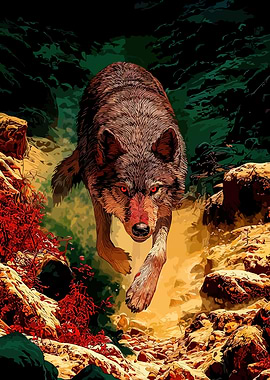 Wolf emerging from a canyon