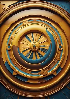 Golden & Teal Mechanical Medallion — 3D Ornamental Abstract Wall Art