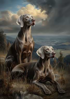 Two Weimaraners in a Landscape