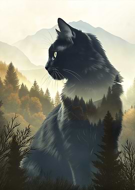 Black Cat in Forest Landscape Nature