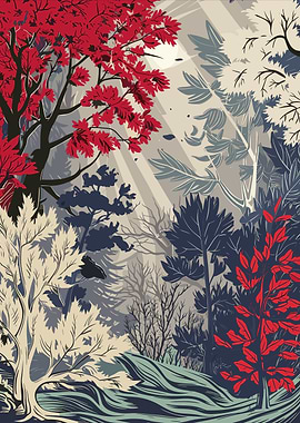 Stylized Forest with Red and Blue Foliage