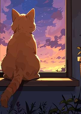 Cat Watching Sunset from Window