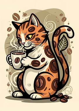 Cat with Coffee Beans and Coffee Cup