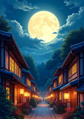 Traditional Japanese Village Under Full Moon