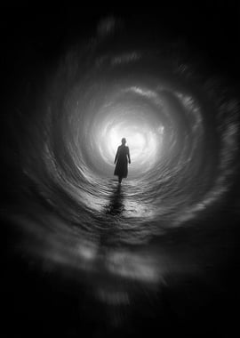 Figure walking into a swirling light tunnel