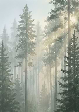 Misty Forest with Sunbeams