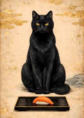 Royal Black Cat And Sushi Feast