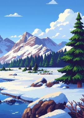 Pixel Art Winter Mountain Landscape