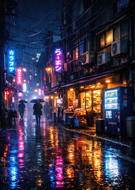 Rainy Neon Tokyo Street Scene