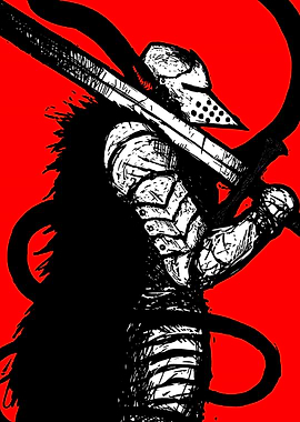 Knight with Sword on Red Background