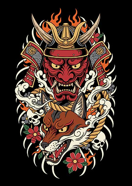 Samurai Oni Mask and Fox Spirit