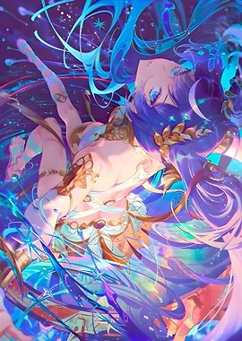 Anime Girl with Blue Hair and Flowing Ribbons