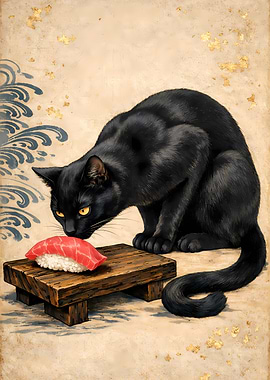 Curious Black Cat Sniffing Premium Sushi Geta