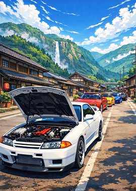 Japanese Street with Cars and Waterfall