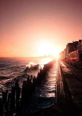Sunset Over Coastal City Boardwalk