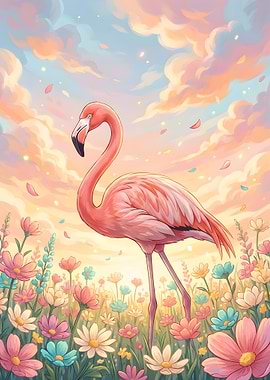 Pink Flamingo in a Field of Flowers