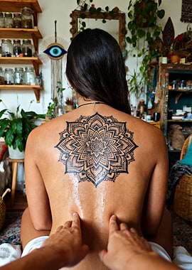 Woman with Mandala Tattoo Receiving Massage
