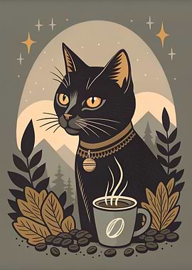 Black Cat with Coffee and Stars Nature