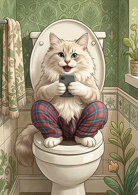 Funny Cat on Toilet with Phone
