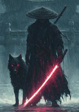 Samurai with Wolf and Red Lightsaber