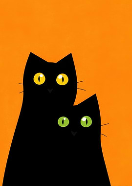 Two Black Cats on Orange Background