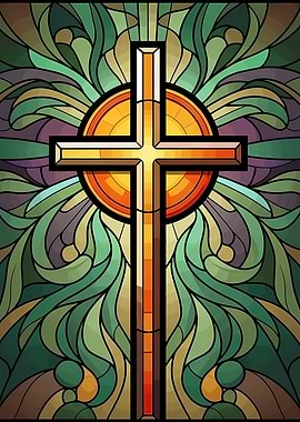 Stained Glass Cross with Floral Background