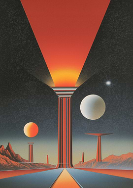Retro Sci-Fi Landscape with Orbs and Pillars
