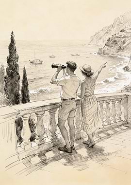 Couple on Balcony Overlooking Coastal Scene