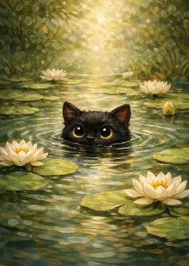 Cute Black Cat in Water Lilies