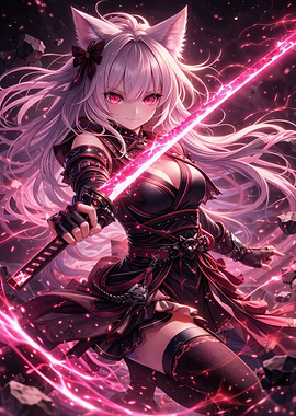 Anime Cat Girl Warrior with Glowing Sword