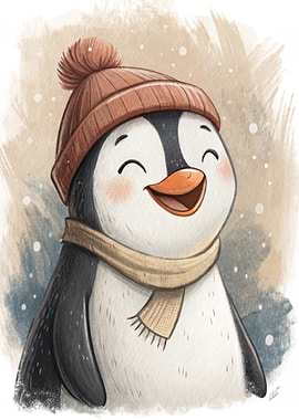 Cute Penguin Wearing a Hat and Scarf
