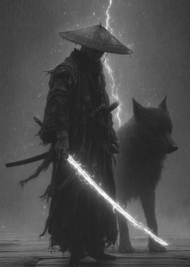 Samurai with Wolf in Lightning Storm