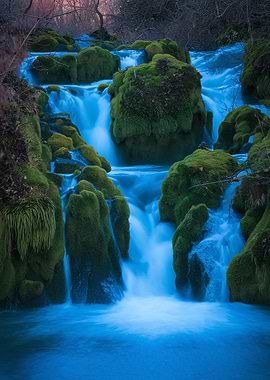 Mossy rocks and flowing waterfall