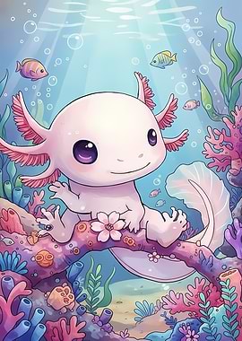 Cute Axolotl Underwater Scene