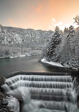 Winter Waterfall at Sunset