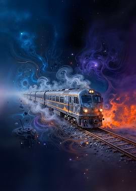 Train traveling through a cosmic landscape