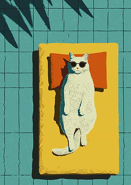 Cat Sunbathing on a Poolside Lounger