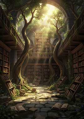 Enchanted ancient library with sunlight