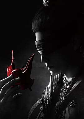 Blindfolded figure holding a red mask