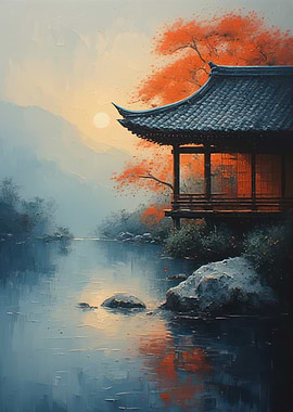 Serene Asian Temple by the Lake at Sunset in Oil Painting Style