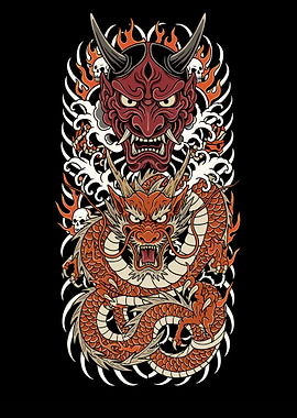 Japanese Oni Mask and Dragon Tattoo Art