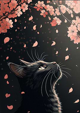 Black Cat Looking at Cherry Blossoms