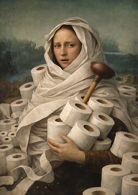 Mona Lisa Woman with Toilet Paper and Plunger