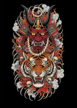 Samurai Mask and Tiger Tattoo Design