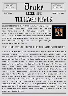 Drake Teenage Fever Lyrics Poster
