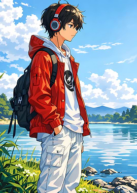 Anime boy with headphones by the lake