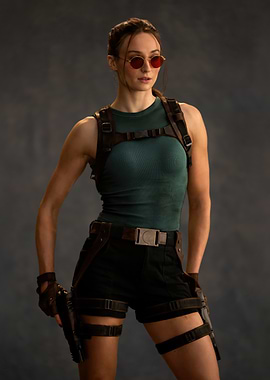 Lara Croft Cosplay with Gun and Sunglasses